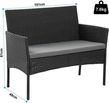 Olsen & Smith 4 Piece Rattan Effect Outdoor Garden Patio Furniture Set - Love Seat Sofa + 2 Chairs + Table (Black) - Packed Direct UK